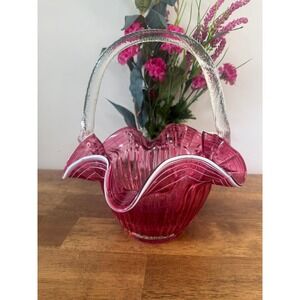 Vintage Cranberry Art Glass Basket White Latticino Ruffled Rim Clear Handle Bowl